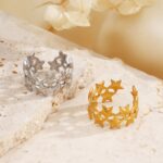 gold ring 1PC Fashion Minimalist Double-Layer Star Stainless Steel Open-End Ring For Women - Retro Ethnic Style 18K Gold-Plat