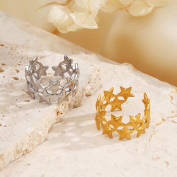 gold ring 1PC Fashion Minimalist Double-Layer Star Stainless Steel Open-End Ring For Women - Retro Ethnic Style 18K Gold-Plat