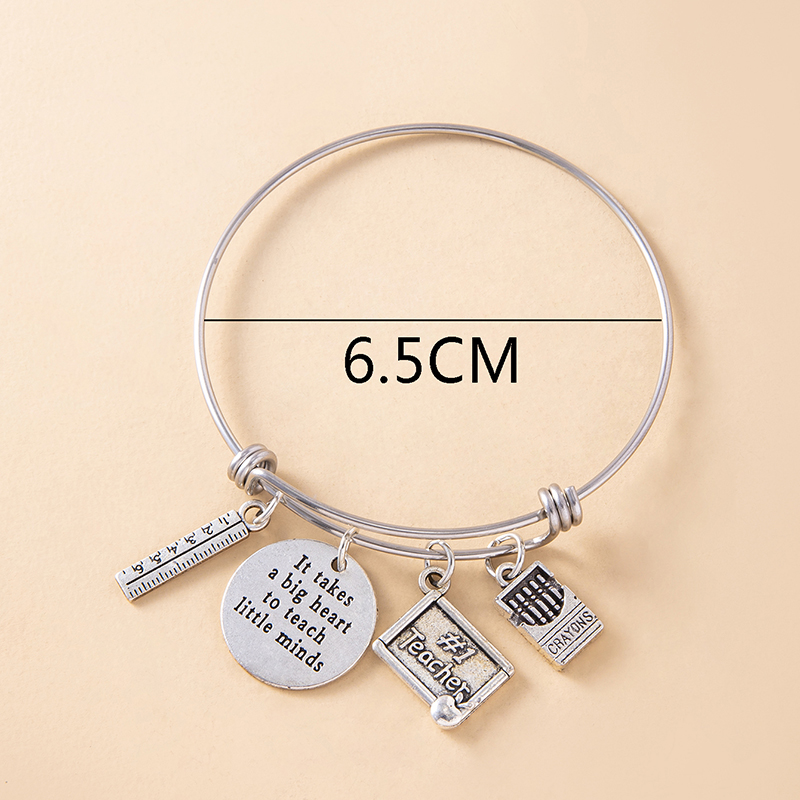 880731e3-bfd3-4f77-a234-221a9a3fee1e Creative Silver Ruler Crayons Charms Inspirational Bracelet Vintage Stainless Steel Adjustable Bangle Teacher's Day Gift - Vi