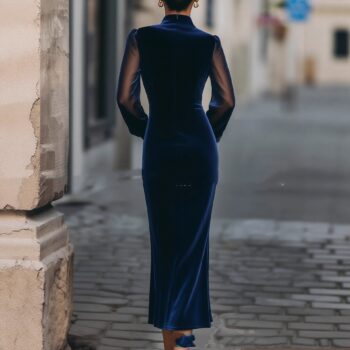 Elegant Navy Blue Waist-cinching Dress - View 2