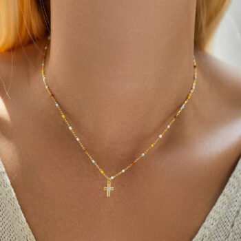 Dopamine Color Matching Rainbow Beanie Mini Cross Diamond-studded Necklace Female - View 2