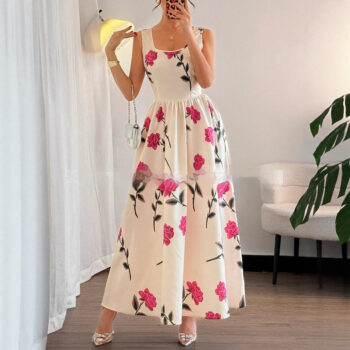 Women's Floral Print Square-Neck Sleeveless Elegant Dress - Main product image