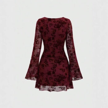 Spice Girl Mesh Flocked Crew Neck Flare-Sleeve Dress