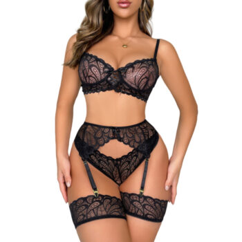 lingerie set lace Sexy Lingerie Set Lace Garter Belt With Leg Rings 4-piece Underwire Bra