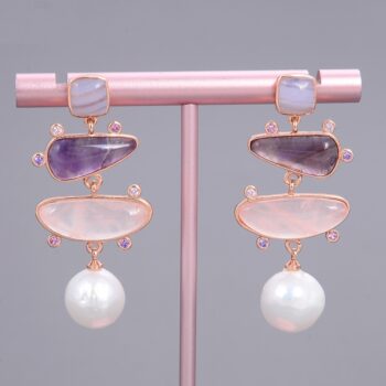 Women's Small Pendant Earrings White Pearl Blue Chalcedony Rose Quartz Amethyst - View 1