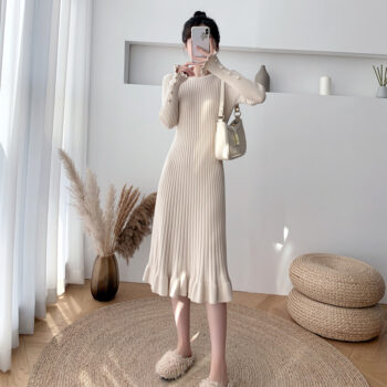 Above-the-knee Sweater With Ruffled Hem Knitted One-piece Dress - Main product image