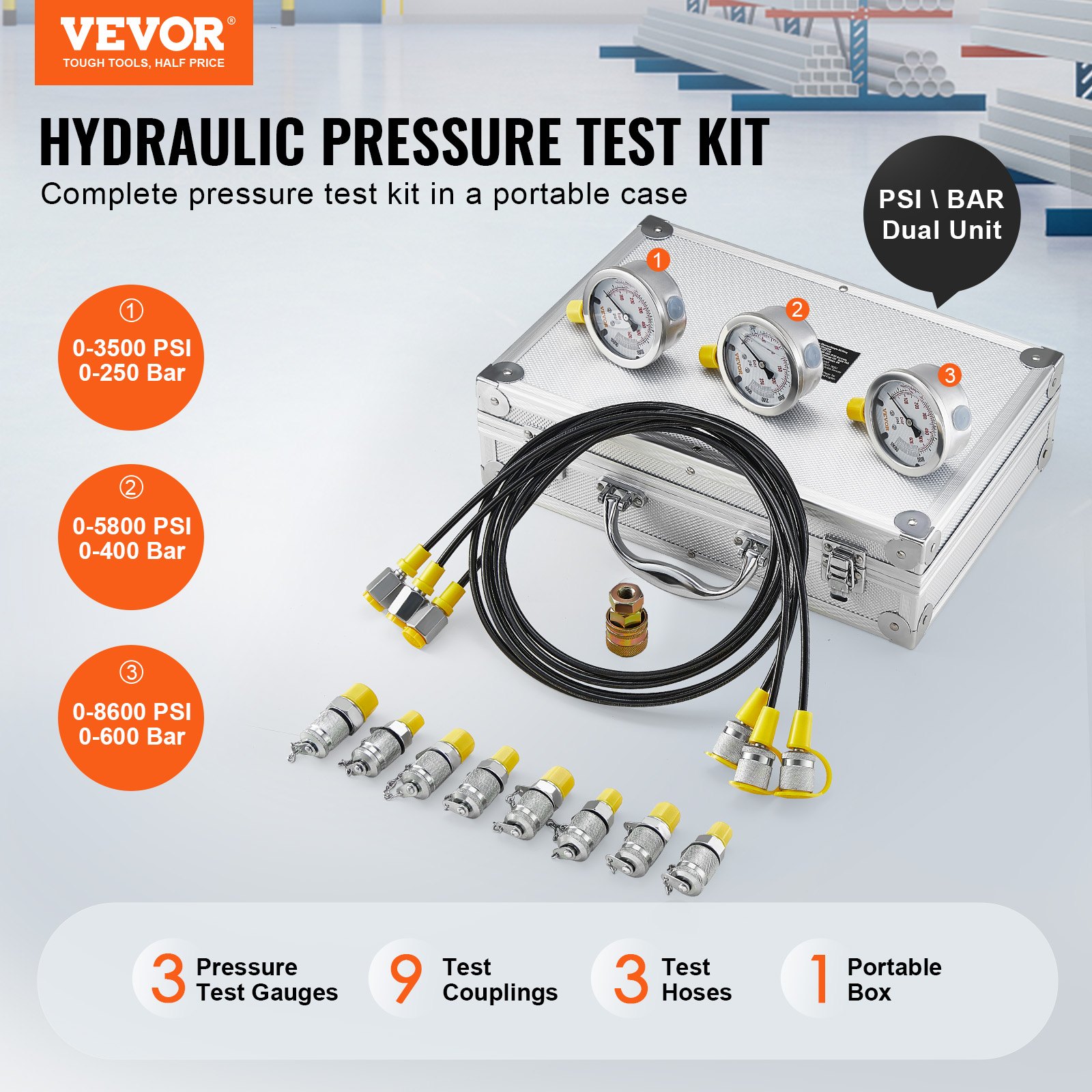 9768baf5-1382-4bf5-bce3-cc172789dc30 Hydraulic Pressure Test Kit, 250/400/600bar, 3 Gauges 9 Test Couplings 3 Test Hoses, Excavator Hydraulic Test Gauge Set With