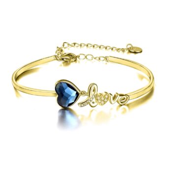 Blue Crystals from Austria Love Heart Bangle Bracelet in White Gold Plated Sterling Silver - View 2