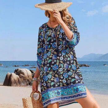 Summer Tassel Crew Neck Three-Quarter Sleeve Printed Dress - Main product image