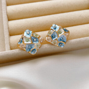 silver earrings Vintage Enamel Square Stud Earrings With Zircon Color Block Floral Design Sterling Silver Post Elegant Earrin