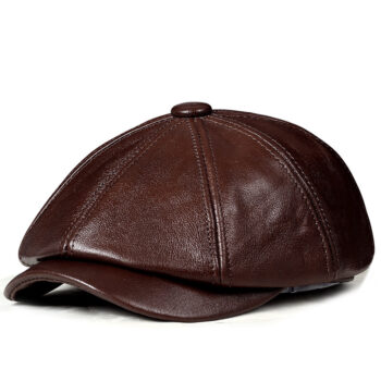 Mens Vintage Beret Leather Octagonal Cap - View 2
