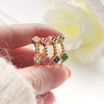 Flower Petal Ring With Colorful Diamond Inlays In Copper - View 2