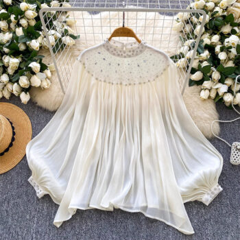 Womens Loose, Casual Rhinestone-embellished Lantern-sleeve Tassel Mesh Top - Main product image