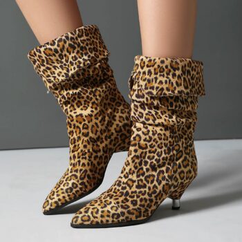 Stiletto-Heel Leopard-Print Pointed-Toe Ankle Boots With Turned-Over Cuffs - View 2
