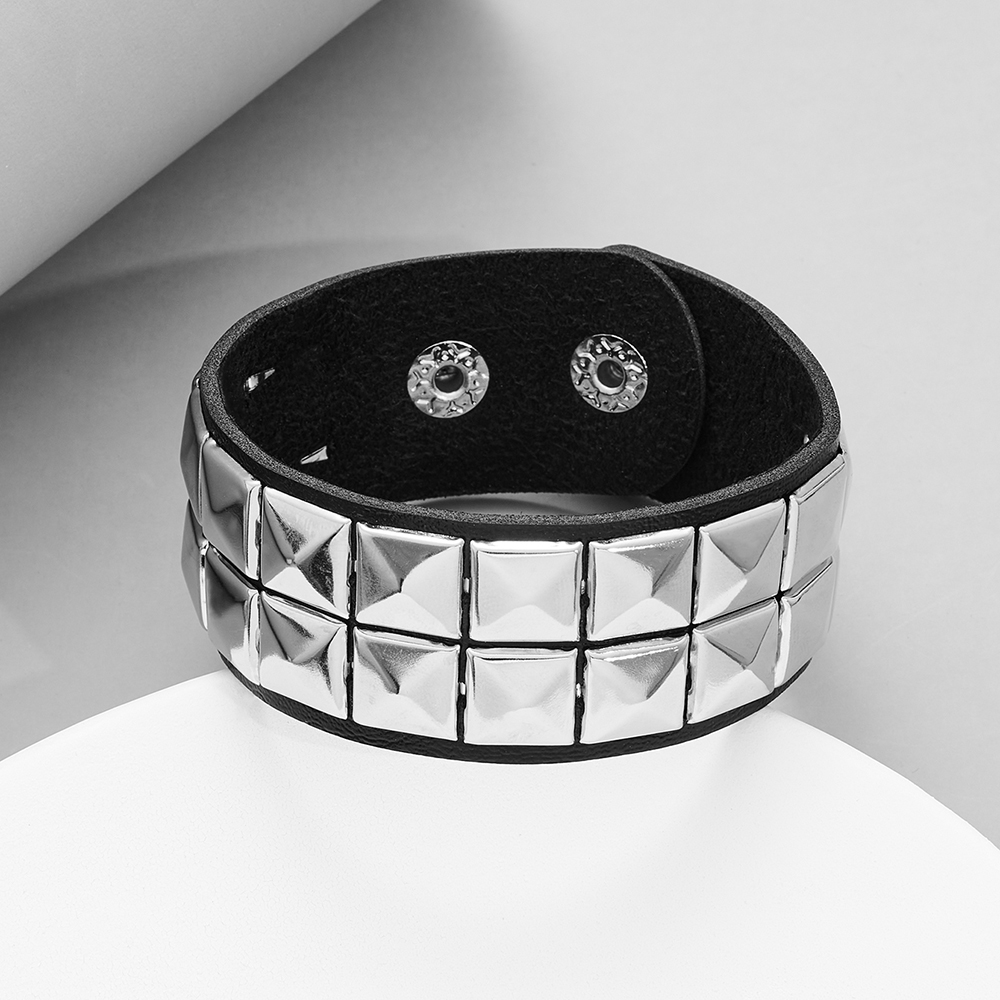 a3b40dab-0451-4fb9-bc89-6f7bf329403e Row Cuspidal Spikes Rivet Stud Wide Cuff Leather Punk Gothic Rock Unisex Bangle Bracelet - View 2