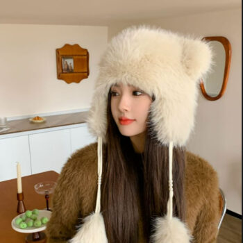 beanie hat Winter Earflaps Thick Plush Women Cute Bear Ears Hanging Ball Thermal Head Cover Beanie Hat