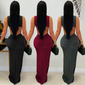 Stylish Womens Solid-Color Figure-Hugging Backless Dress - View 2