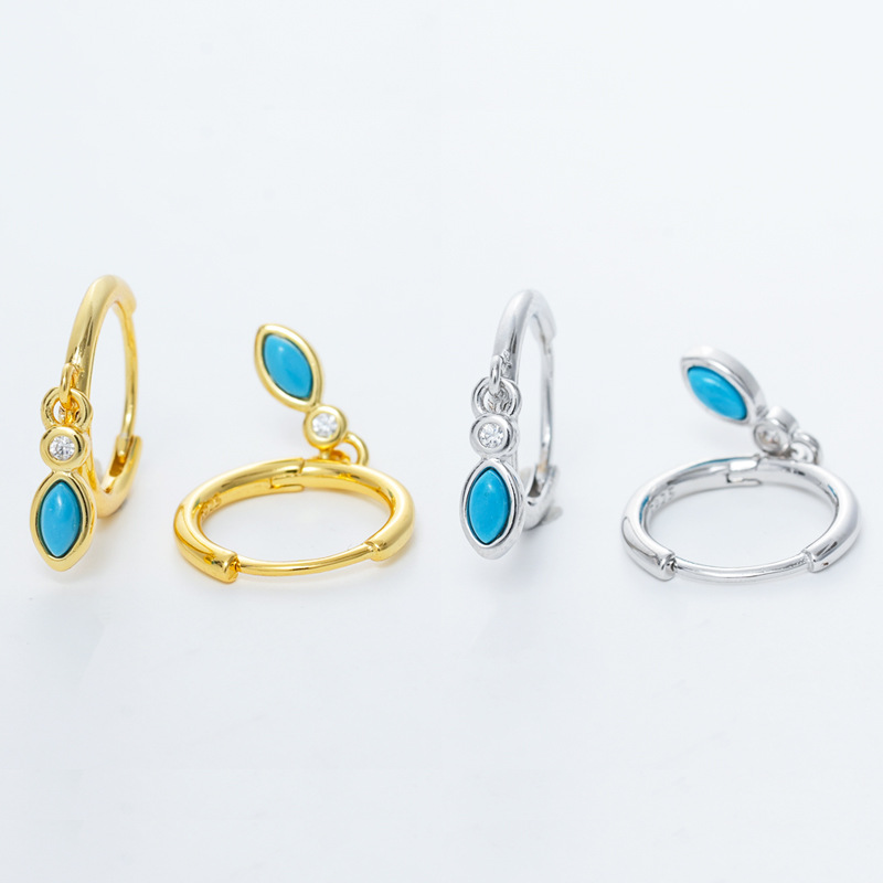 aac39282-84bc-4839-892e-5003c85c8eed 925 Sterling Silver Round Wire Turquoise Waterdrop Hoop Earrings - View 1