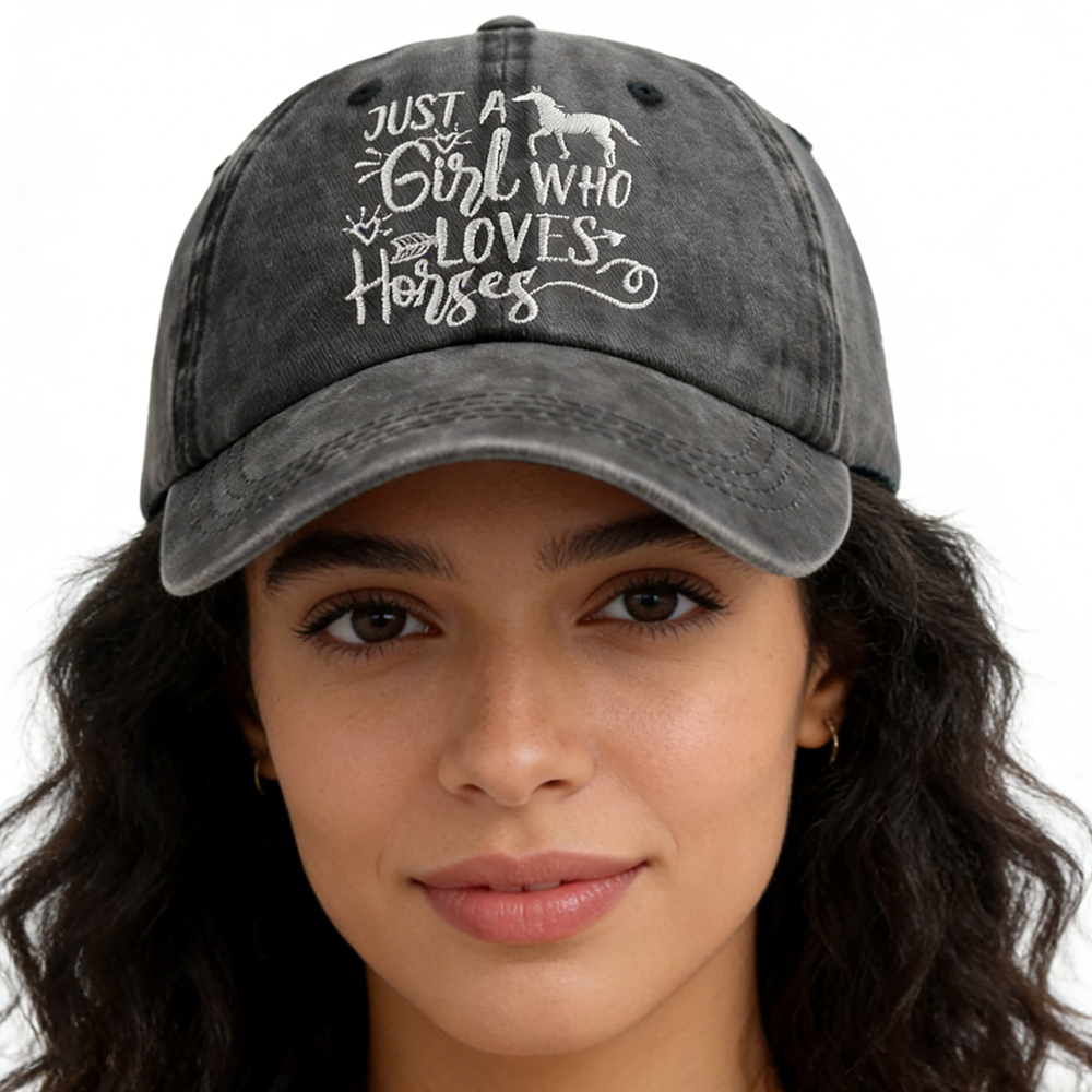 b03d097b-7384-4d2c-840d-69eb93d73c5c Girl Who Loves Horses Hat For Men Women, Adjustable Embroidered Wash Cotton Baseball Cap - View 4