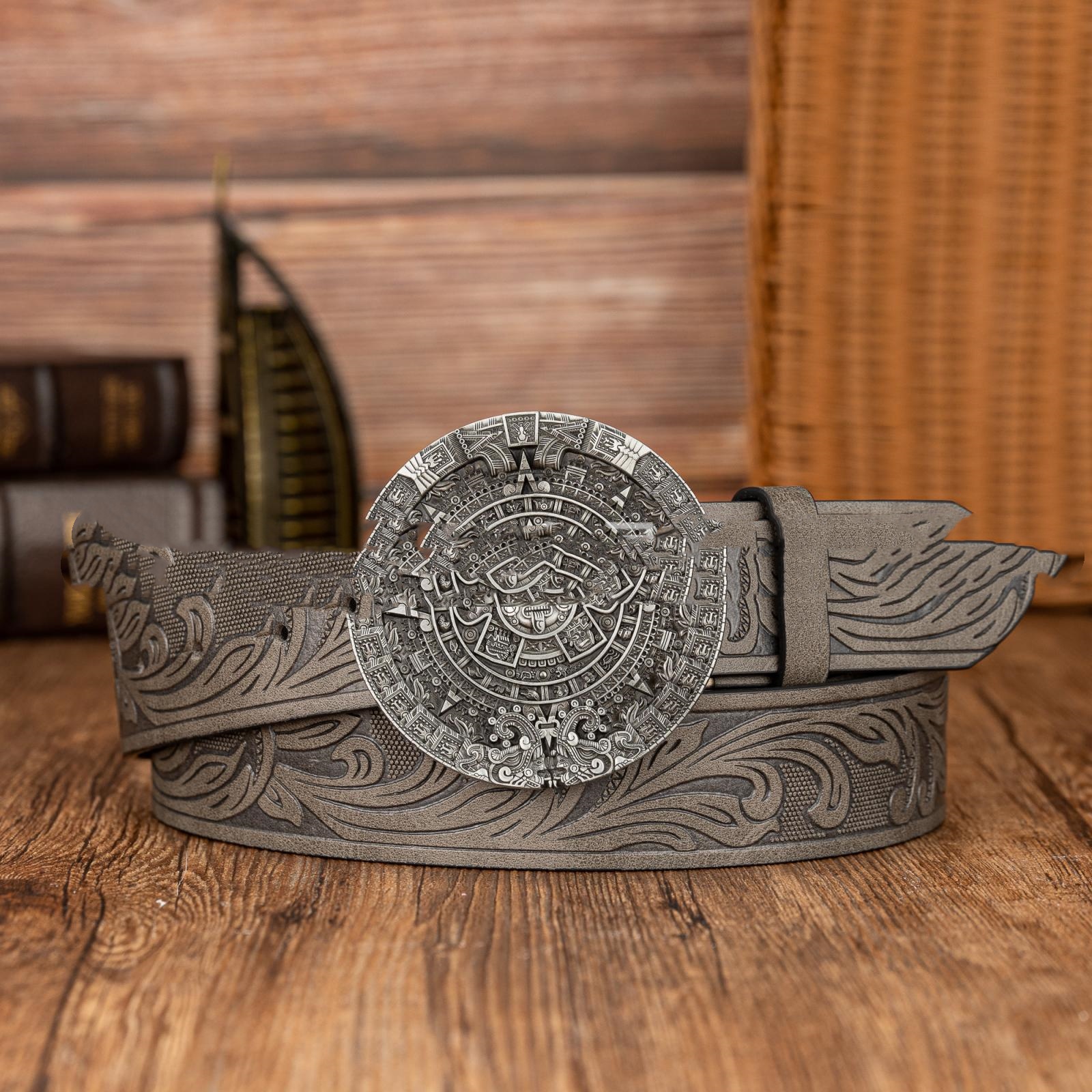 b0b1da7c-e2fa-471c-993b-9e50774f4588 Aztec Sun Calendar Stone Buckle Retro PU Leather Belt - View 4