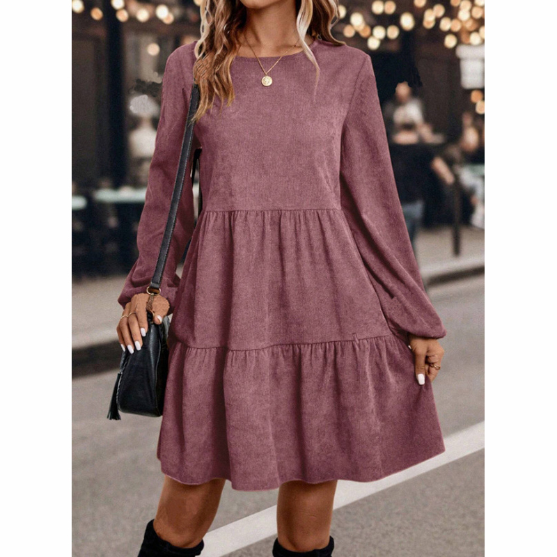 b2e83603-f46d-42b5-89b1-cb6ad7058a30.jpg Women's Corduroy Mini Dress - 2025 Fall Winter A-Line Long Sleeve Dress, Round Neck - View 7
