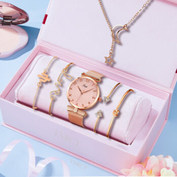 bracelet Casual Gift Set Women Disc Mesh Belt Quartz Watch Bracelet Bangle Set 6pcsset