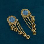 Metallic Diamond Studded Flower Tassel Earrings - View 1
