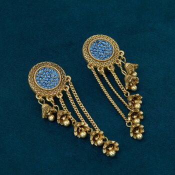 Metallic Diamond Studded Flower Tassel Earrings - View 1