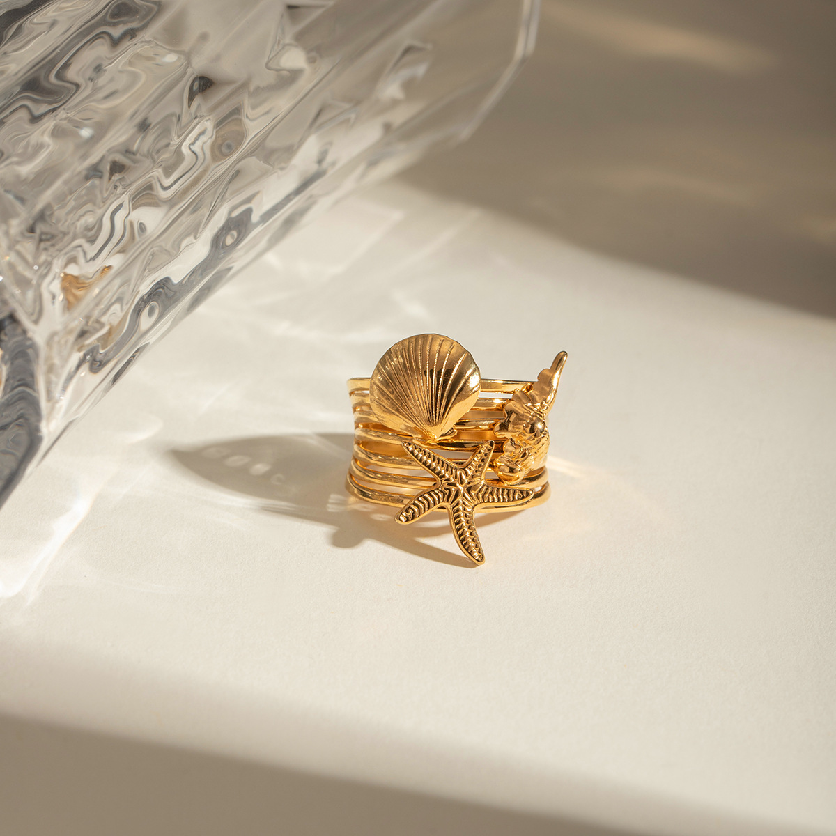 b69f7f50-0f52-4e02-b0ee-fd05d36a9b2f 18k Gold Stainless Steel Starfish Conch Shell Open Ring - View 4