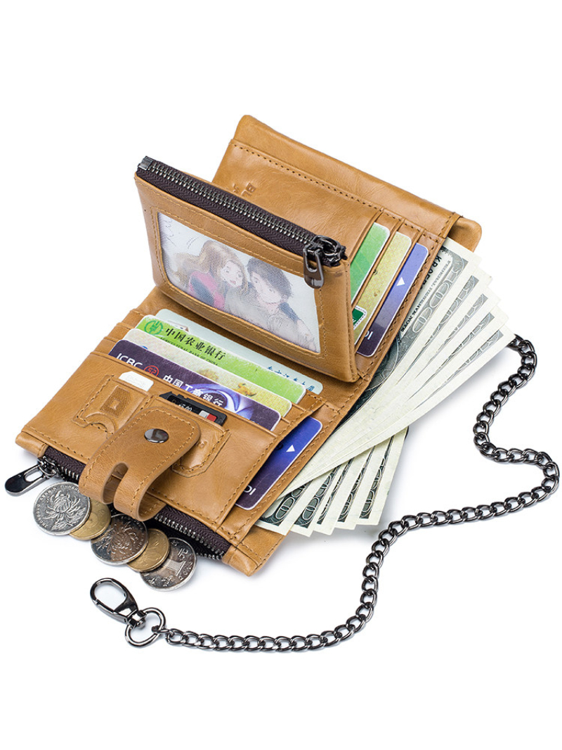 bb31f9ef-4d21-4d5a-a054-e05811b6c00d Retro Genuine Leather Wallet Compact Bifold Wallet With Dual Zippers Perfect For Coins And Cards - View 5