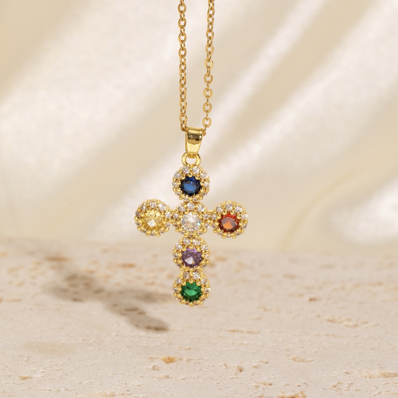 bd542922-130c-42e9-88a5-53cfcb0394e6 High-End Colorful Zircon Cross Necklace - View 4