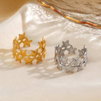 1PC Fashion Minimalist Double-Layer Star Stainless Steel Open-End Ring For Women - Retro Ethnic Style 18K Gold-Plated Adjusta