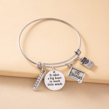 silver bracelet Creative Silver Ruler Crayons Charms Inspirational Bracelet Vintage Stainless Steel Adjustable Bangle Teacher