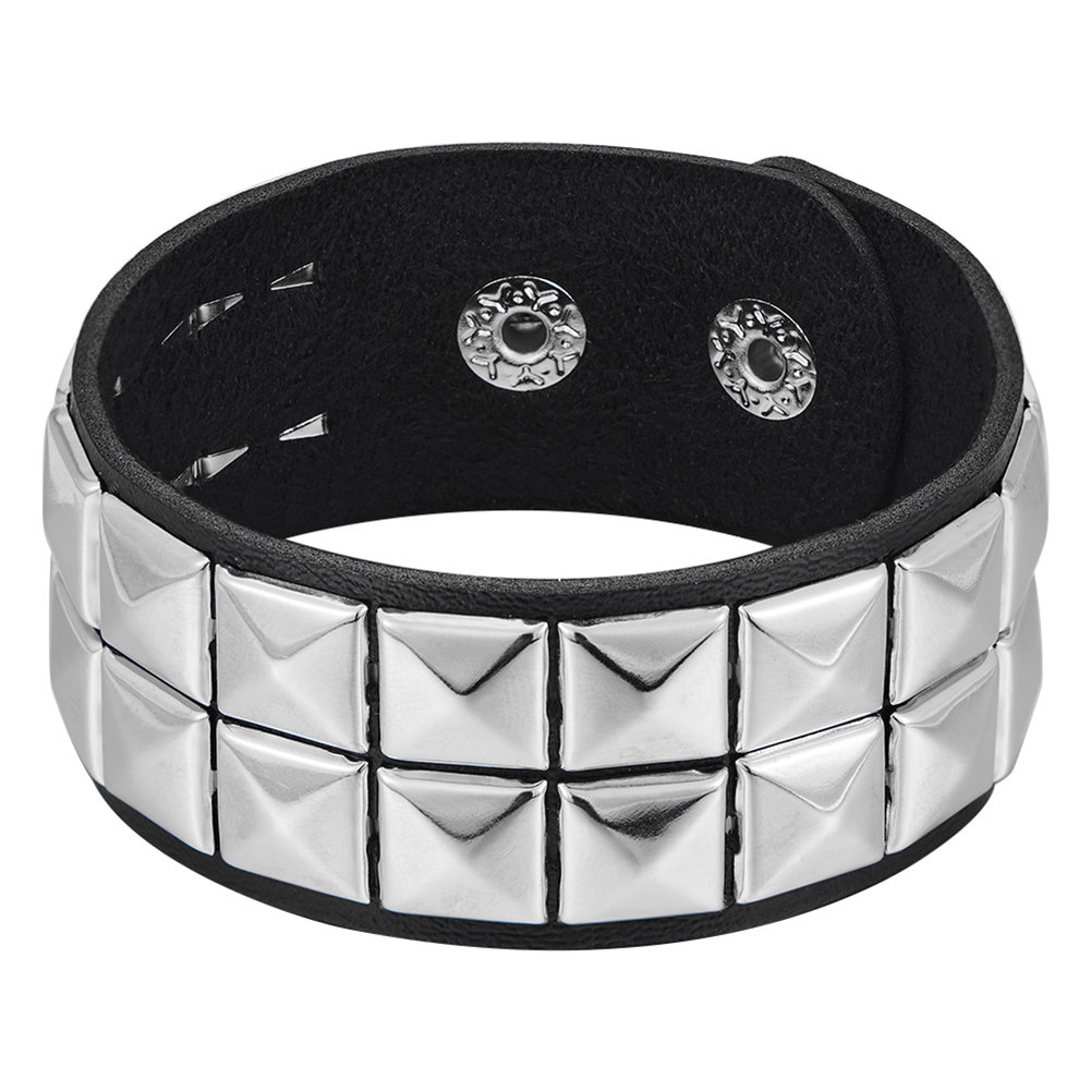 c346f451-b859-4768-9bb3-43b10b19b5e1 Row Cuspidal Spikes Rivet Stud Wide Cuff Leather Punk Gothic Rock Unisex Bangle Bracelet - View 3