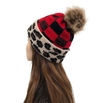 knitted hat Plaid Fur Ball Knitted Hat Women's Warm Beanie Hat Jacquard Hat Woolen Cap Sleeve Cap