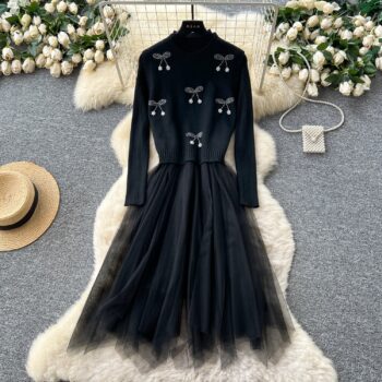 Cherry Vest Long-Sleeve Knitted Patchwork Mesh Dress