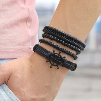 Vintage Leather Leaf Bangle Wristband Bracelet For Women Men - View 2