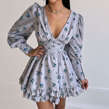 Women's Printed Puff Sleeve Waist Cinching Dress - Main product image