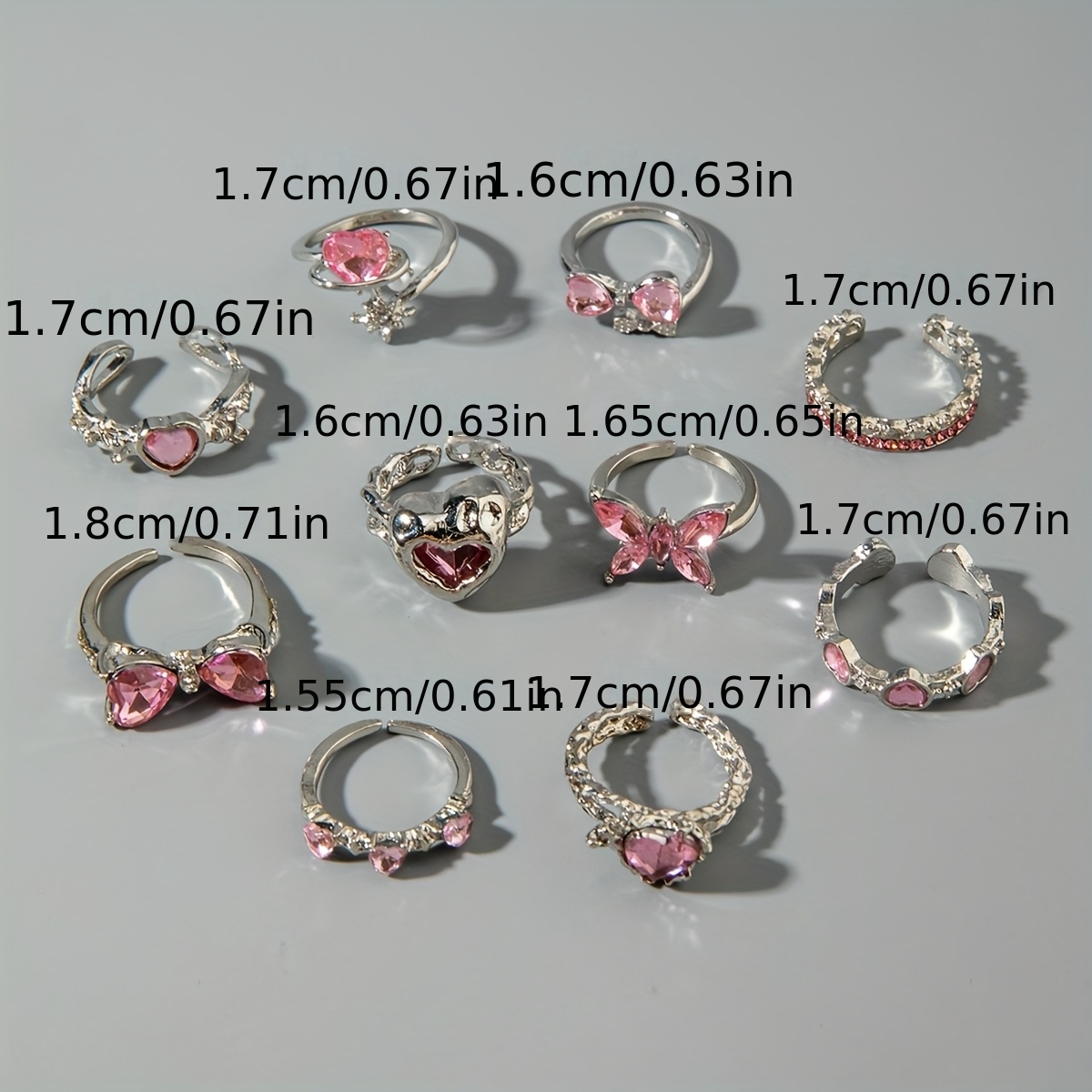 cj-2009902751546843137-1-6605 10Pcs Fashion Pink Rhinestone Bow Heart Rings For Women, - View 2
