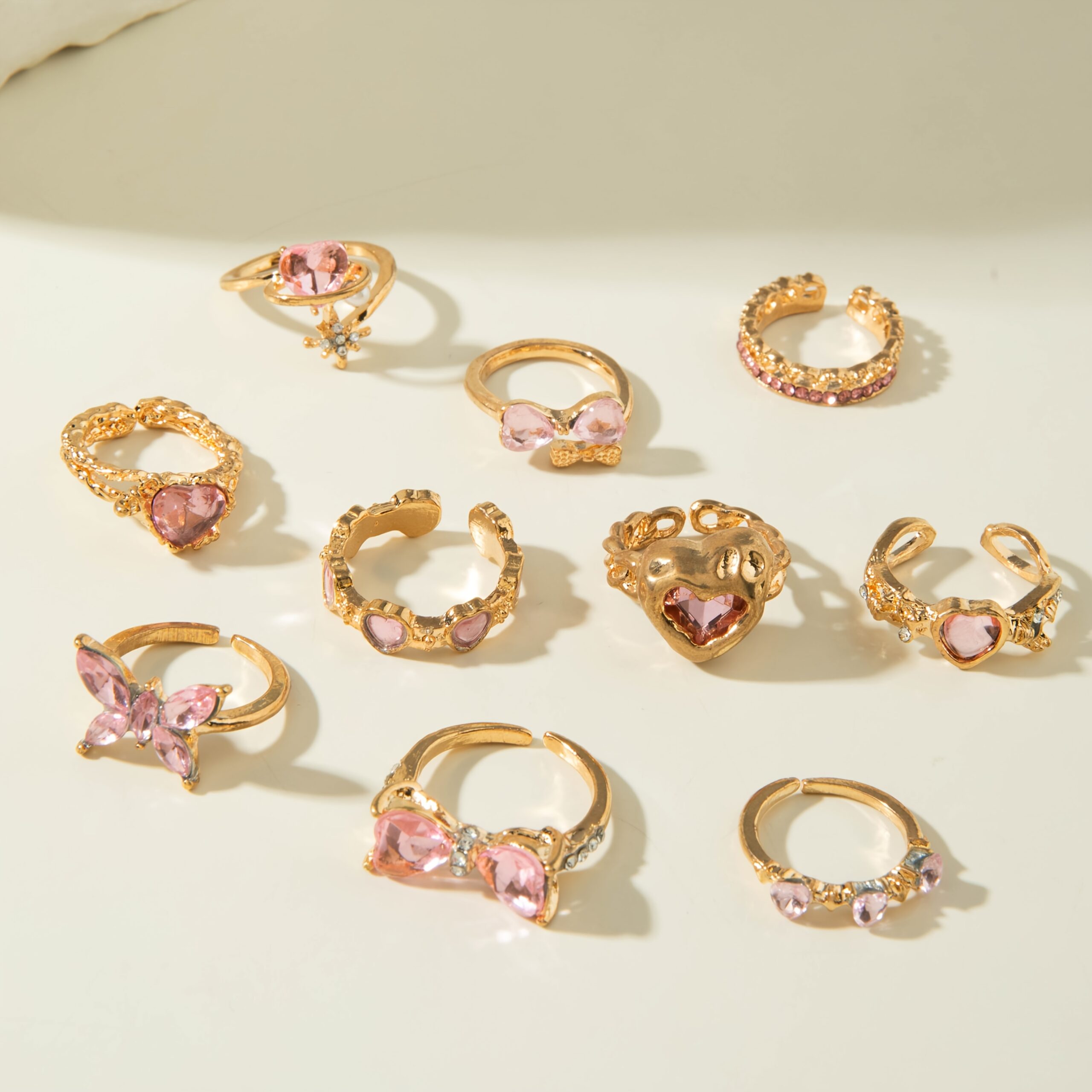 cj-2009902751546843137-2-56470 10Pcs Fashion Pink Rhinestone Bow Heart Rings For Women, - View 3