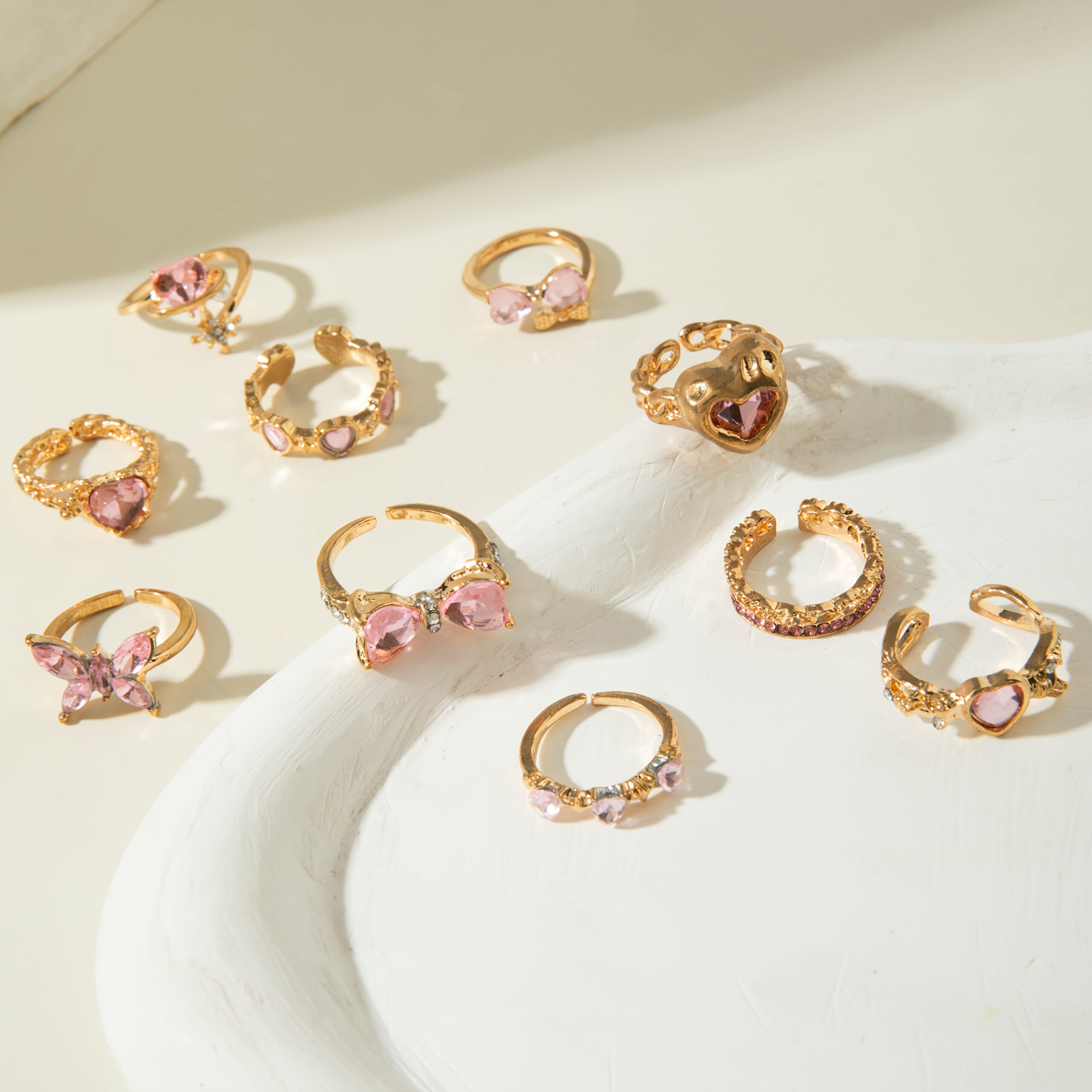 cj-2009902751546843137-3-616 10Pcs Fashion Pink Rhinestone Bow Heart Rings For Women, - View 4