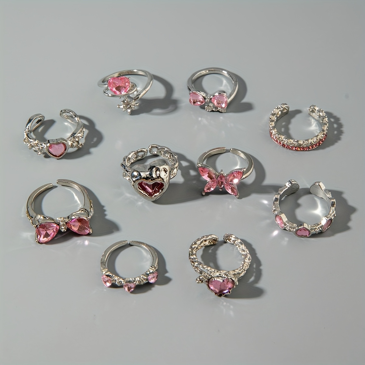 cj-2009902751546843137-5-35361 10Pcs Fashion Pink Rhinestone Bow Heart Rings For Women, - View 6