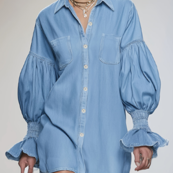 shirt dress - Puff-sleeve Denim Printed Shirt Dress