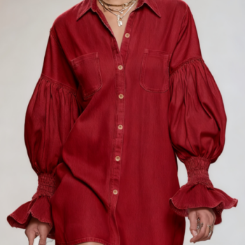 Puff-sleeve Denim Printed Shirt Dress - View 2