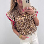 chiffon blouse - Womens Fashion Leopard-Print Ruffle-Trim Loose Chiffon