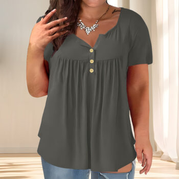 shirt fashion - Plus-size Womens Solid-color Button-up Loose T-shirt