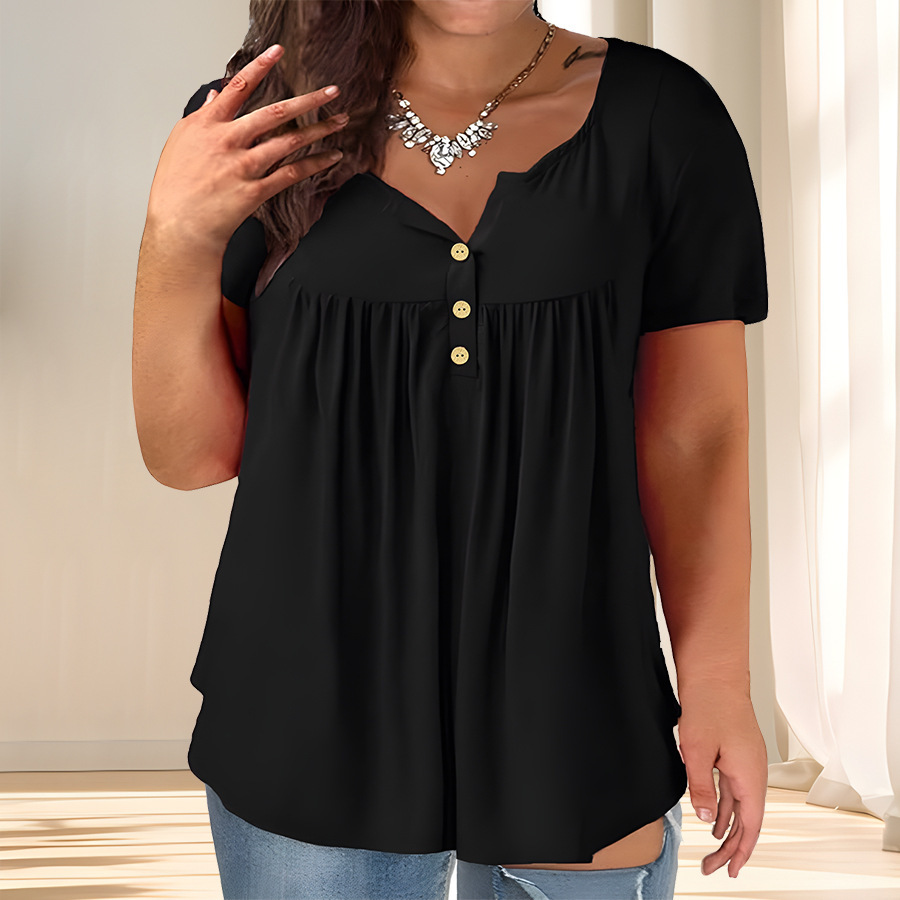 cj-2601080249141637000-3-89044 Plus-size Womens Solid-color Button-up Loose T-shirt - View 4