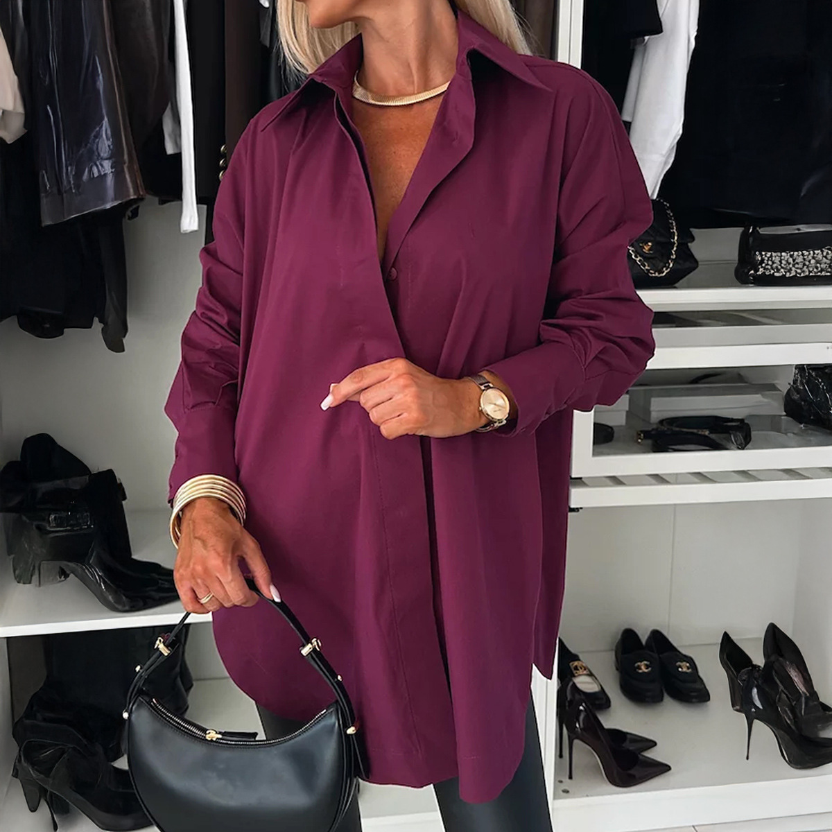 cj-2601080429561632900-0-74618 shirt fashion - Solid-color Button-down Long-sleeve Versatile Chic Work