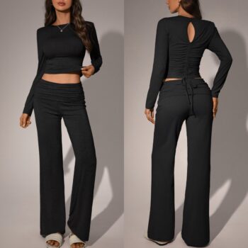 pants fashion - Womens Solid-Color Casual Fashion Top And Pants Set
