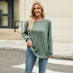 shirt fashion - Solid-color Crew-neck Loose-fitting Long-sleeve T-shirt For
